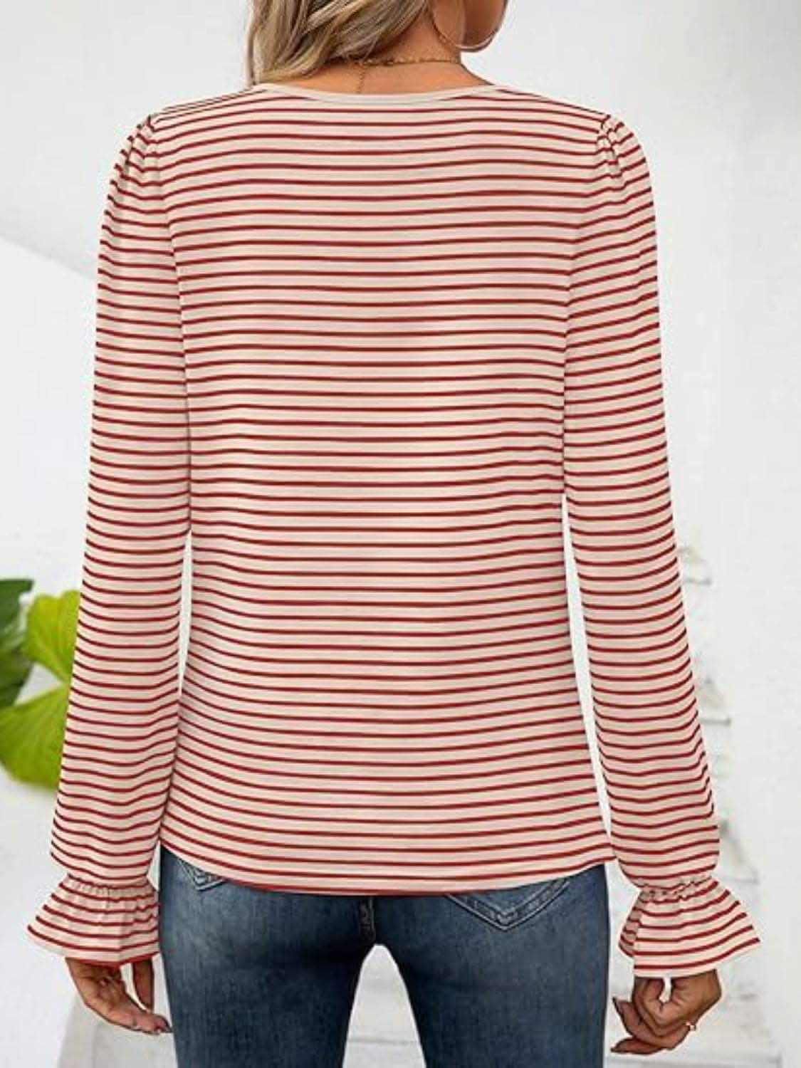 Chic striped flounce sleeve top - Love Salve